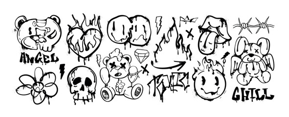 Drip spray paint graffiti elements of bear, fire heart, open mouth and tongue, rock flame, melting smile faces emoji and skull icon. Graphic grunge ink symbols, slogan or black street art drop sticker