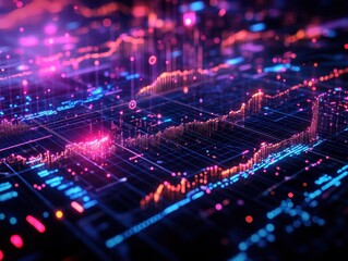 Obraz premium Abstract digital visualization of data analytics with vibrant neon colors and futuristic patterns representing information flow.