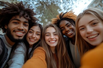 Multiracial group of friends making a selfie with phone in the university - friendship, happiness...