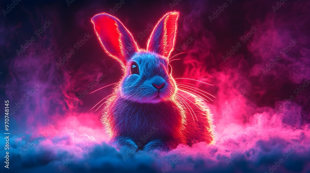 Wall mural Lifelike high-resolution image of a hare surrounded by bright neon light highlights