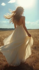 Woman in a flowing dress enjoys a sunlit moment in a golden field during a summer afternoon