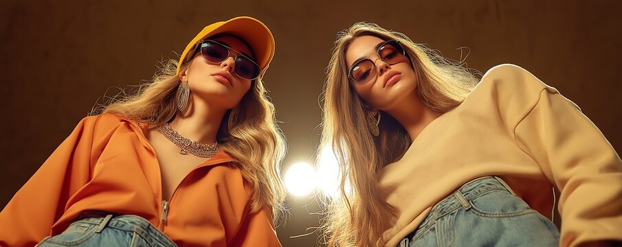 Young stylish women in modern street style outfit isolated on brown background, view from the bottom. Fashionable models, musicians, rappers performing