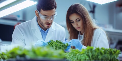Two scientists in masks and gloves inspecting lettuce in a high-tech indoor farm. Concept of agricultural innovation and food safety.
