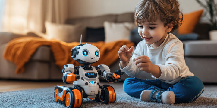 Boy playing with robot at home in room. Artificial intelligence. Technology development