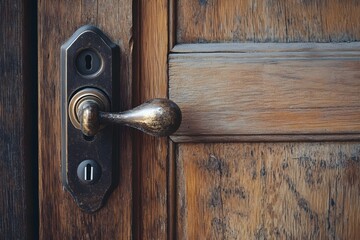 A brass door knob is shown in a wooden door