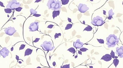 Seamless pattern of purple floral design with detailed blooming flowers and leaves on a white background. Elegant and feminine decor.