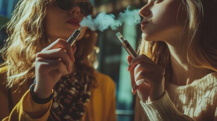 Heat-not-burn tobacco product technology. Two woman e-cigarette in his hand before smoking.