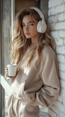 Young woman with blonde hair in a cozy sweatshirt enjoys coffee while listening to music indoors