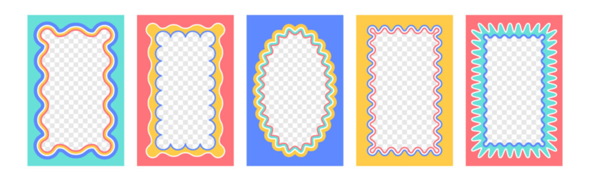 Vector set of rectangle wavy frames with scallop edge. Squiggle photo borders with zig zag edges. Wiggly rectangular groovy shapes, color funky text box frameworks or curvy mirrors with jagged border