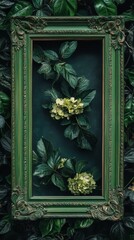 Ultra realistic green gorgeous frame, interior olive floral pattern, combining classic elegance with modern art details, suitable for interior decoration, home furnishings, and art exhibitions