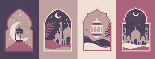 Set of ramadan kareem arches, old islamic window shape with crescent night moon, middle eastern lantern and morocco mosque dome in oriental style. Arabic frames, arabian doors or eid mubarak gates. © redgreystock