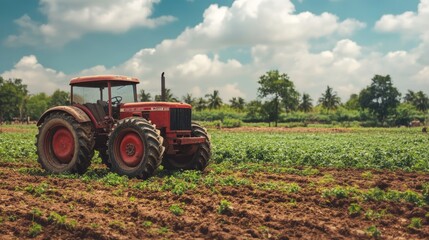Fototapeta premium Indian tractor standing in the middle of a farm field