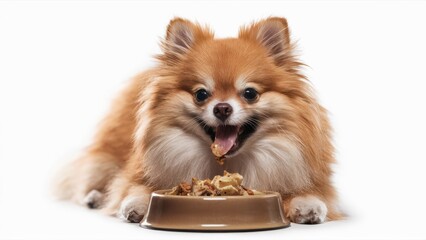Close-Up of a Pomeranian Eating from Its Food Dish – Tiny and Tasty