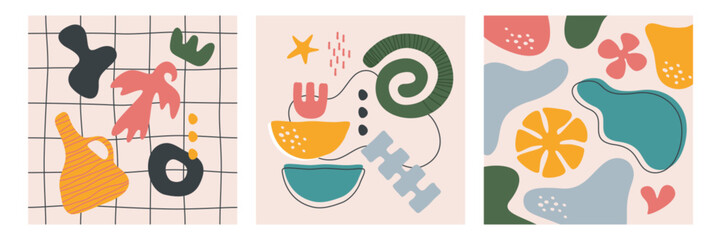 Contemporary cards set with modern abstract nature elements, organic geometric shapes or naive art forms. Poster with hand drawn simple freeform, liquid blobs, irregular objects or deformed figures