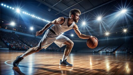 Basketball player dribbling in intense game under stadium lights
