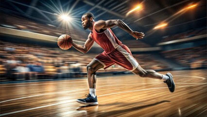 Fototapeta premium Basketball player sprinting with ball during game in stadium 
