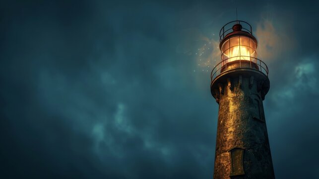 Faro solitario iluminando el cielo oscuro y nublado, evocando una atm&oacute;sfera de misterio y soledad.