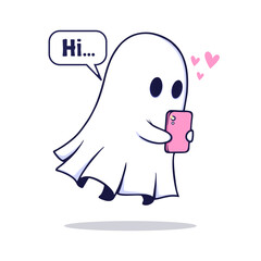 Kawaii boo holding a smartphone. Happy Halloween. Cute ghost cartoon spooky character. Vector illustration