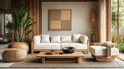 A modern living room with a comfortable sofa and furniture made from natural wood. This is a computer-generated image.