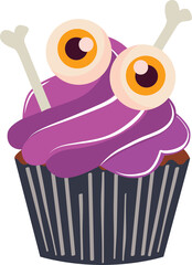 Halloween cupcakes vector set. Spooky cakes with pumpkin, eyeball, bat, spider web, skull, ghost designs