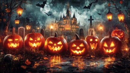 A haunting Halloween night features illuminated pumpkins grinning in the foreground, with a spooky graveyard and a mysterious castle looming in the background under a moonlit sky