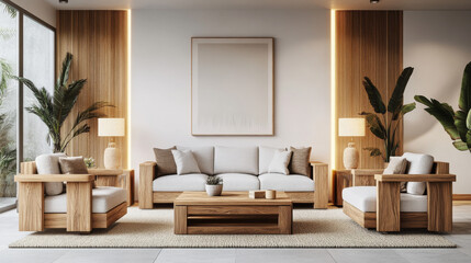 A modern living room with a comfortable sofa and furniture made from natural wood. This is a computer-generated image.