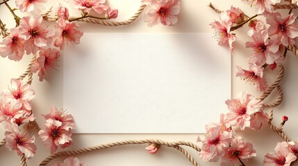 Obraz premium Elegant floral frame, pink cherry blossoms and rope border surrounding blank white paper, suitable for wedding invitation design. The light beige background adds a warm and romantic atmosphere.