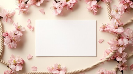 Elegant floral frame, pink cherry blossoms and rope border surrounding blank white paper, suitable for wedding invitation design. The light beige background adds a warm and romantic atmosphere.