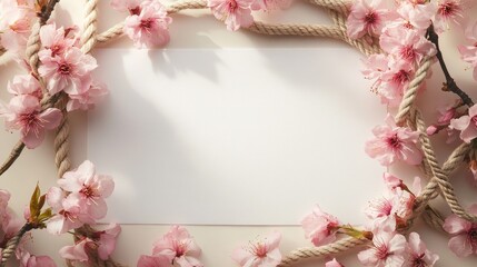 Elegant floral frame, pink cherry blossoms and rope border surrounding blank white paper, suitable for wedding invitation design. The light beige background adds a warm and romantic atmosphere.