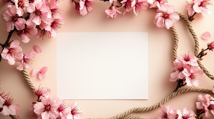 Elegant floral frame, pink cherry blossoms and rope border surrounding blank white paper, suitable for wedding invitation design. The light beige background adds a warm and romantic atmosphere.