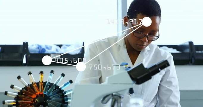 Animation of data processing and shapes over biracial female scientist doing experiment