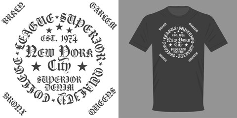 Vector illustration t-shirt NEW YORK, Retro GOTHIC font in circle. Brooklyn, Queens, Harlem, Bronx. Old style written on outline. Calligraphic patterns. Retro design with monograms. Latin stylish