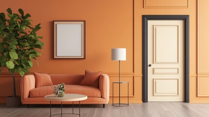 Peach fuzz color trend living room. With circle table and lamp door frame on wall. Luxury apricot crush color wall background with copy space.