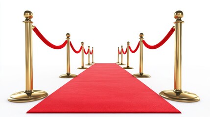 Perspective view red velvet rope barrier and golden poles and red carpet isolated on white background