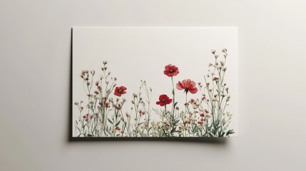A minimalist style invitation letter prototype with a white background adorned with vibrant wildflowers. The envelope is located at the bottom of the scene but does not touch the invitation letter.