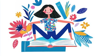 Joyful balance: girl in splits with books and floral patterns for spring inspiration