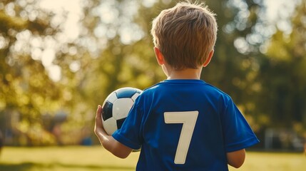 Fototapeta premium Soccer Throw In During Children Sports Game. Little Boy Holding Soccer Ball in Hands. Kids Playing in Football League. Boy in Soccer Blue Jersey With Number Seven
