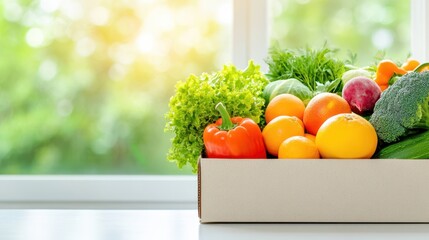 A cardboard box filled with fresh fruits and vegetables, including peppers, apples, lettuce, and broccoli, isolated in a bright kitchen. Healthy eating concept.