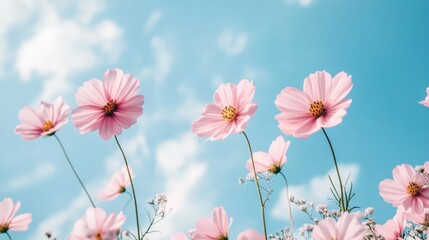 Fototapeta premium Spring flowers fly on a blue sky background. Beautiful pastel pink flower arrangement. Summer wallpaper.