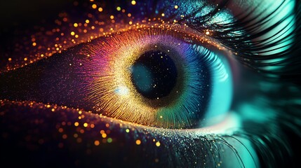 Human multicolored iris of the eye animation concept. Rainbow lines after a flash scatter out of a bright white circle and forming volumetric a human eye iris and pupil