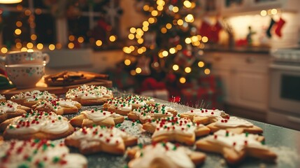 A warm kitchen with Christmas cookies being decorated, frosting and sprinkles scattered around, with the scent of cinnamon filling the air.