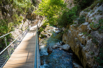 Sapadere canyon with wooden paths and cascades of waterfalls in the Taurus mountains near Alanya, Turkey