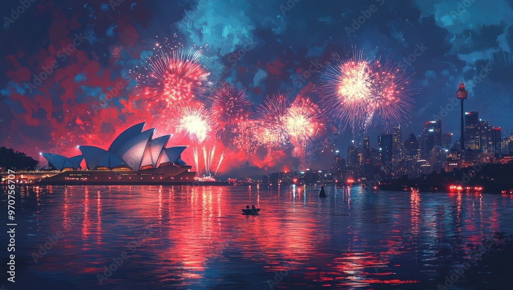 Wall mural A vibrant fireworks display illuminates the Sydney Opera House and cityscape at night. A small boat with two people rows across the water, reflecting the lights of the city.