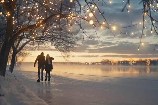 A winter evening scene with a couple ice skating on a frozen lake, their scarves flying in the wind, with twinkling Christmas lights strung across nearby trees.