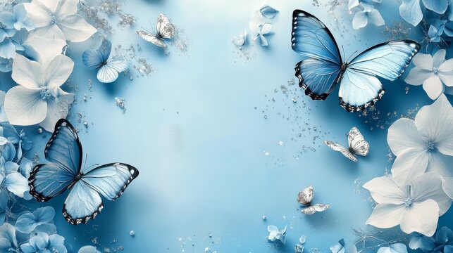 Delicate baby blue backdrop with silver splashes, adorned with butterflies and floral decorations in the corners. A soft and serene design perfect for elegant and whimsical themes.