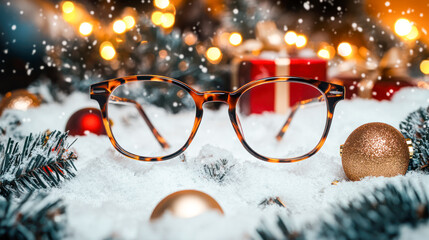 Trendy Glasses with Christmas balls and fir branches on white snow. New Christmas eyewear collection. Optic store sale banner. Winter special offer discount. Eyeglasses in plastic frame side view