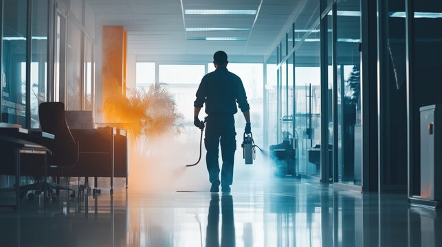 Pest control professional in office environment for effective workspace maintenance