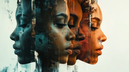 Overlapping multiple portraits and faces interweave together to form a complex visual narrative, emphasizing unity and diversity through abstract layering and composition.