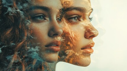 Obraz premium Overlapping multiple portraits and faces interweave together to form a complex visual narrative, emphasizing unity and diversity through abstract layering and composition.