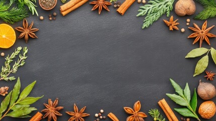 Christmas decorations including cinnamon sticks, pine branches, and festive ornaments arranged on a rustic brown background. Concept of holiday season warmth and tradition.